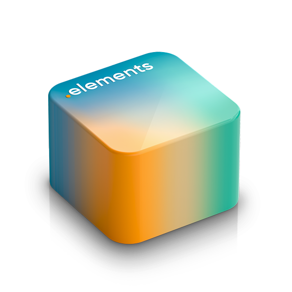Cube-shaped object with color gradient in blue, turquoise and orange as well as the lettering “.elements” - modern 3D design element on a light background.