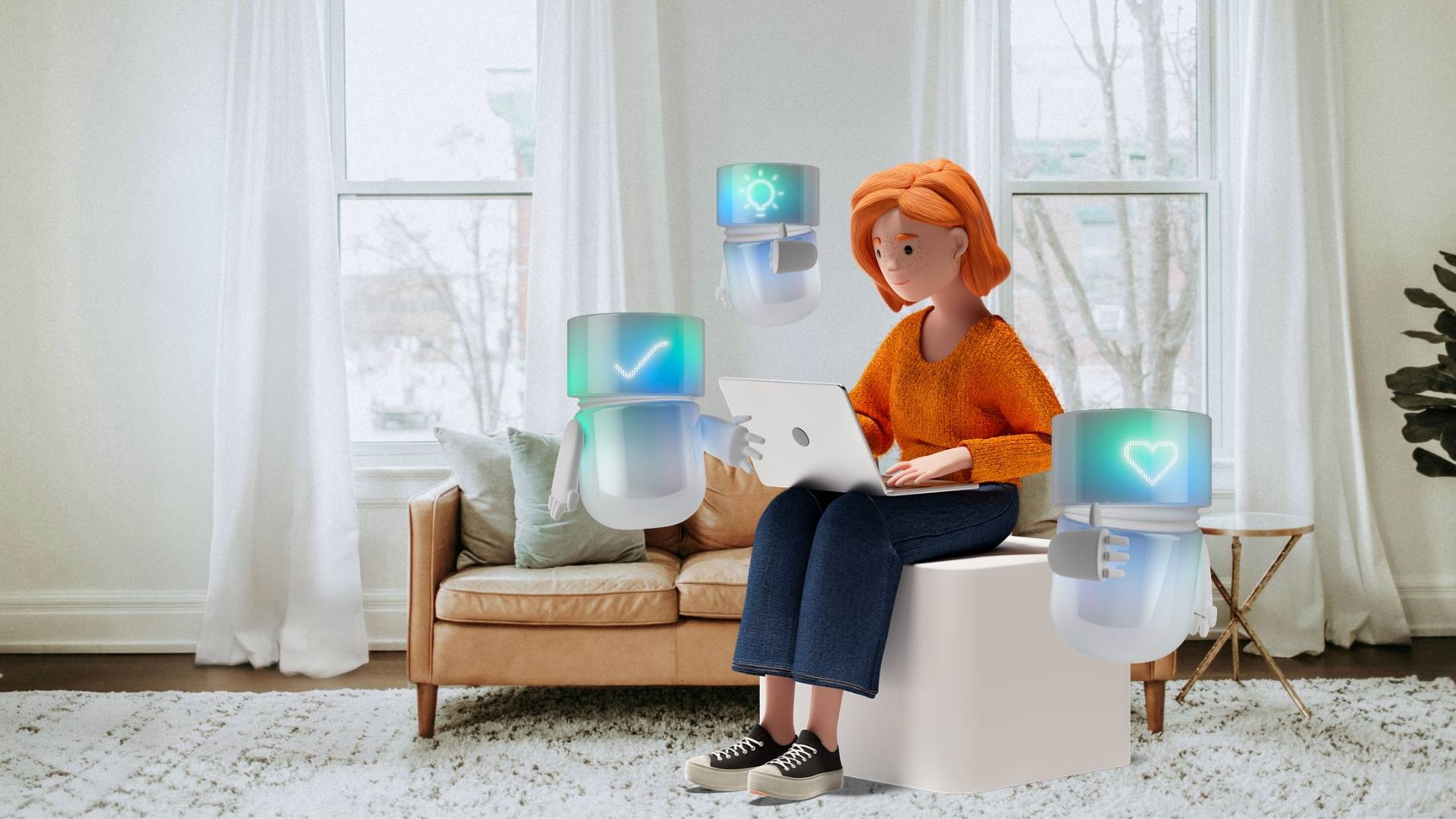 Lena Meier, loyal customer, working on a laptop in her home office and interacting with her AI assistants – symbolic image for agent relationship management, personalized customer experience, and intelligent orchestration of digital services with the BSI Customer Suite.
