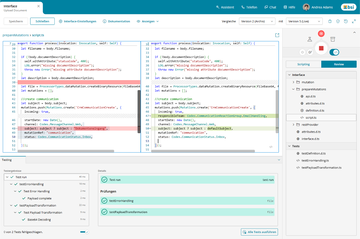 Review view in the EIP module of the BSI Customer Suite - code comparison with versioning, comment and check mode for quality assurance of interface logic.
