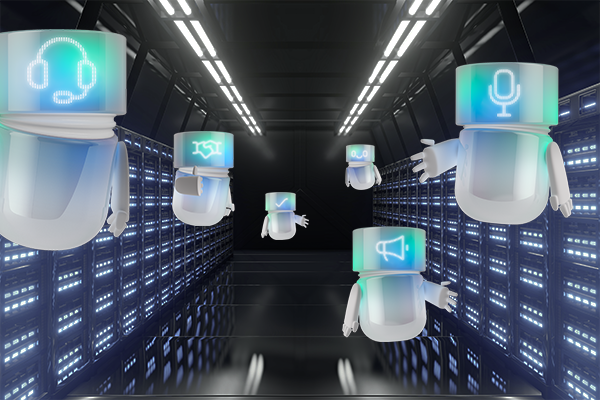 Several BSI Agents fly through a server room, symbolizing the fast processing of large data volumes and seamless communication between systems.