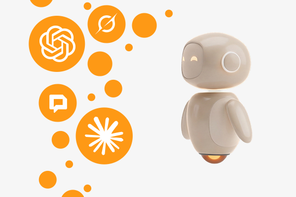 Clara, a personal AI assistant, is shown as a small 3D character on the right side of the image. She has a smooth, light surface, a minimal face, and a compact, rounded shape. On the left, several orange icons of different AI assistant providers are arranged in varying sizes.