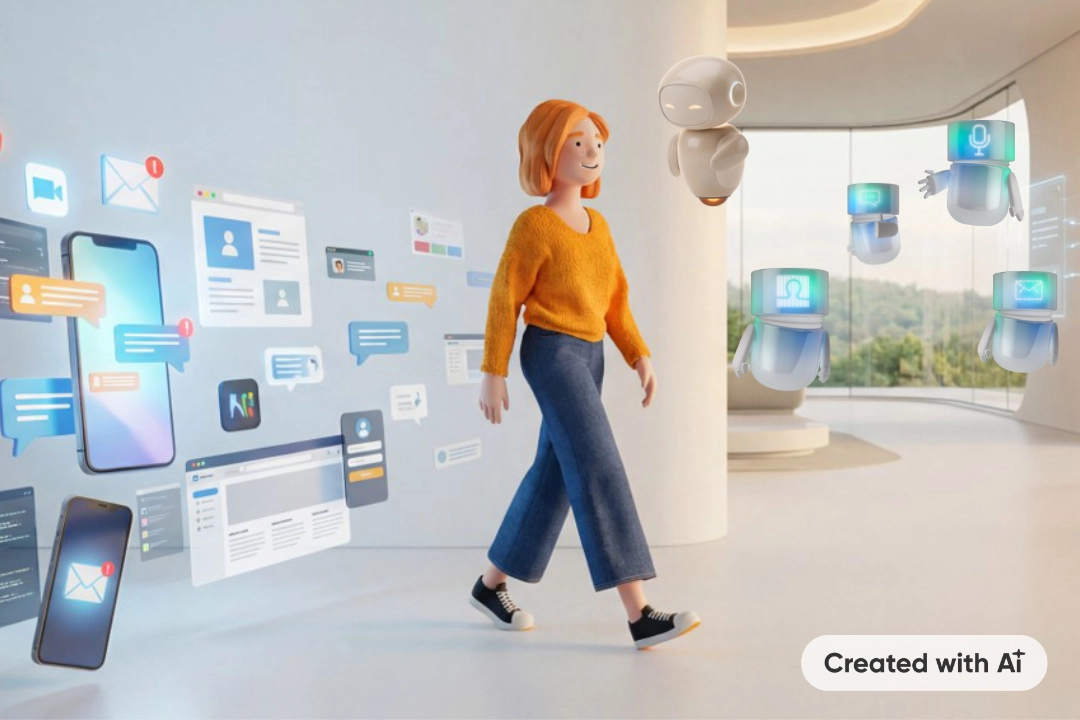 Lena Meier, a loyal customer, walks through a bright space while being accompanied by a small floating AI assistant. Around her, digital user interfaces, chat messages, and app views are arranged, showing different touchpoints and interactions in customer relationship management. Created with AI