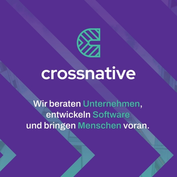 Logo and tagline of BSI partner crossnative on a purple background: “We advise companies, develop software, and empower people.”