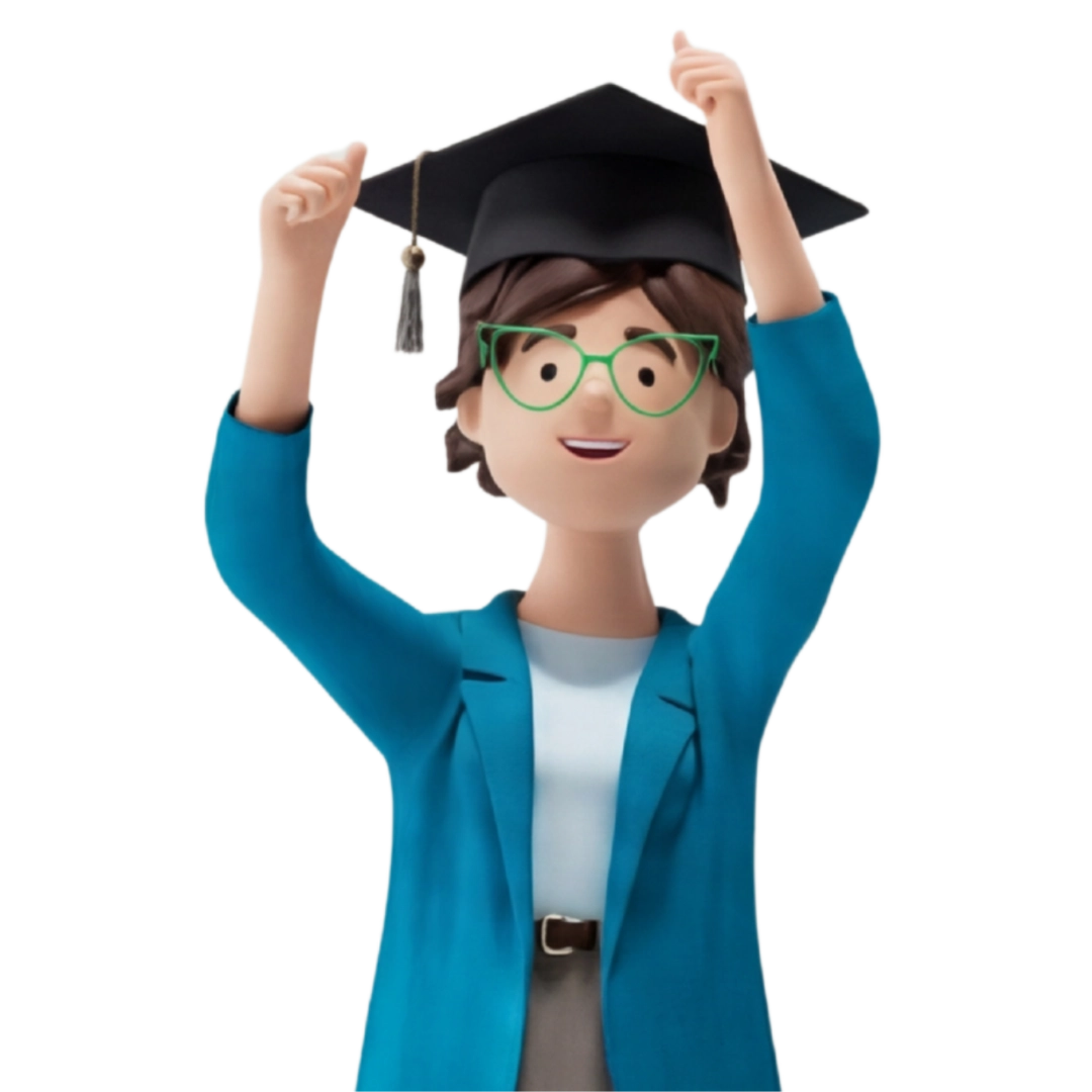3D character wearing green glasses and a blue blazer raises both arms in celebration while wearing a black graduation cap. The illustration represents professional development, digital learning, and successful qualification in a business and customer relationship management environment with the BSI Academy.