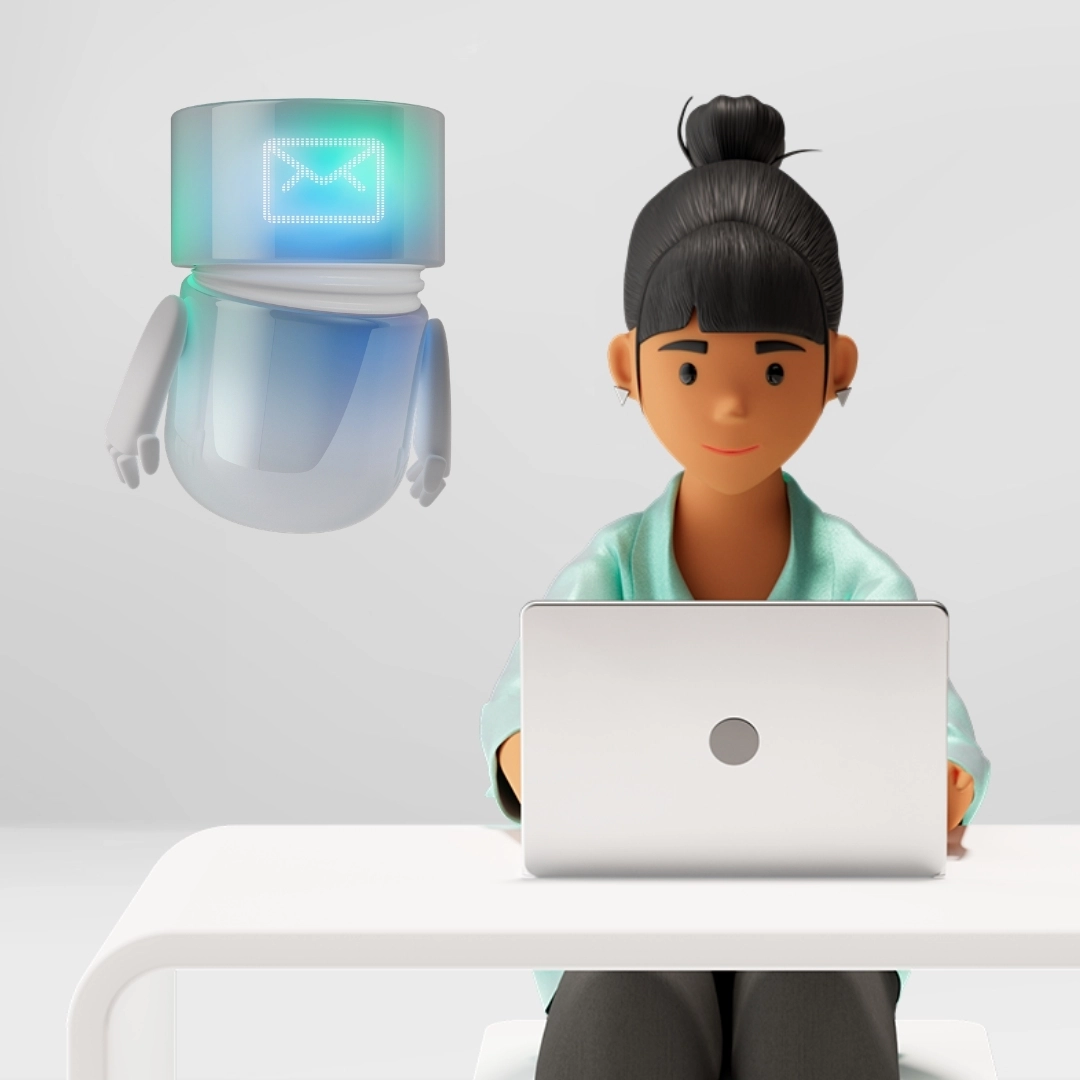 Vicky Valetti, sales manager and customer advisor, works on a laptop supported by a blue-green AI Mail Agent with an envelope icon. The scene highlights AI-powered email automation, efficient customer communication, and optimized customer relationship management in the BSI Customer Suite.