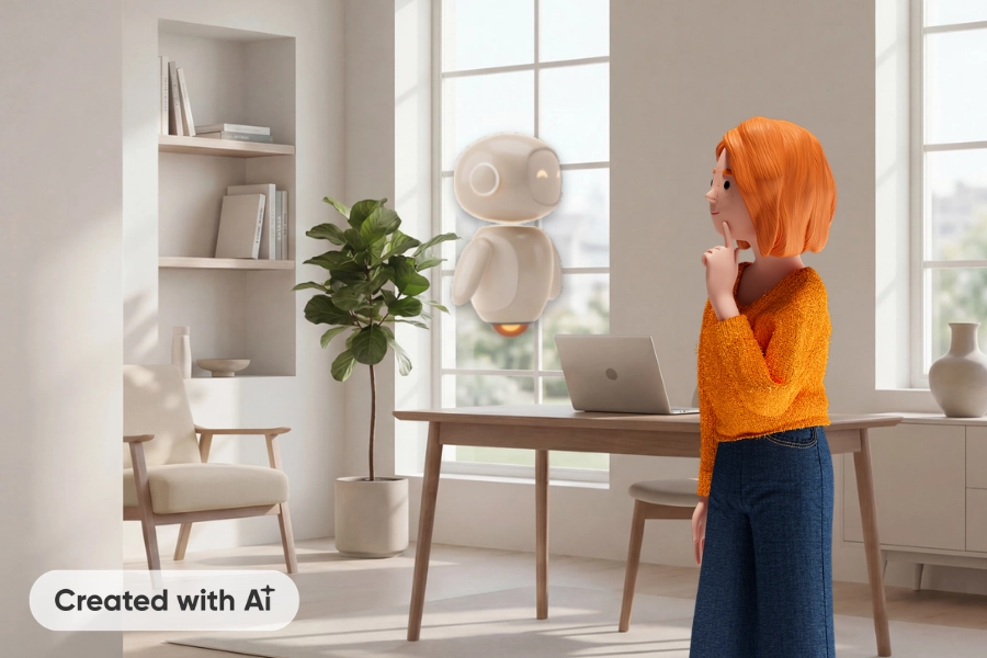 Lena Meier, a loyal customer, stands thoughtfully in a bright home office beside her laptop, while her floating AI assistant Clara is present by her side, ready to support her as she analyzes her investment portfolio and prepares informed decisions. Created with AI