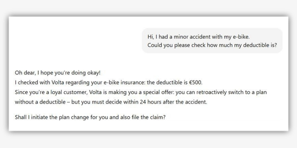 Screenshot of a sample chat with a personal AI assistant about e-bike insurance: automatic check of deductible, policy options, and claim notification after an accident – symbolic image for agent relationship management, conversational AI, and seamless service processes with the BSI Customer Suite.