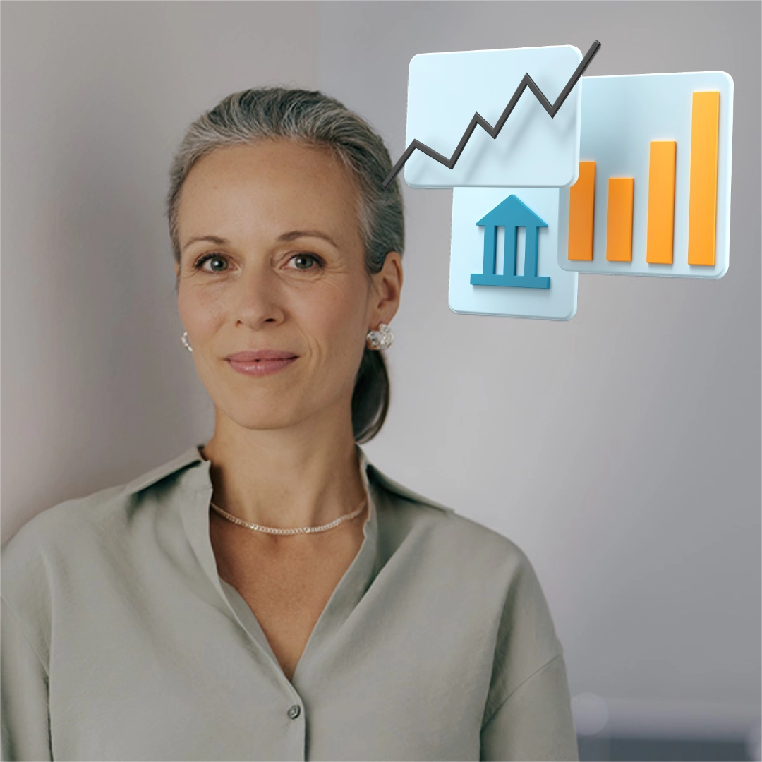 Porträt einer erfahrenen Frau im modernen Business-Umfeld. Sie steht sinnbildlich für eine Entscheiderin im Finanzsektor, die die Digitalisierung im Banking mit einem CRM für Banken und Finanzdienstleister, das Kernbankensysteme nahtlos integriert, vorantreibt. Das 3D-Objekt mit Diagramm und Bankensymbol visualisiert datenbasierte Entscheidungen, Wachstum und digitale Finanzprozesse.