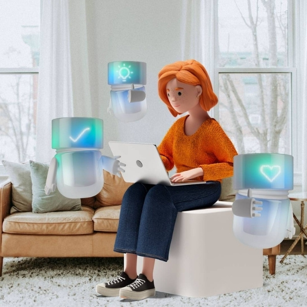 Lena Meier, loyal customer, working on a laptop in her home office and interacting with her AI assistants – symbolic image for agent relationship management, personalized customer experience, and intelligent orchestration of digital services with the BSI Customer Suite.
