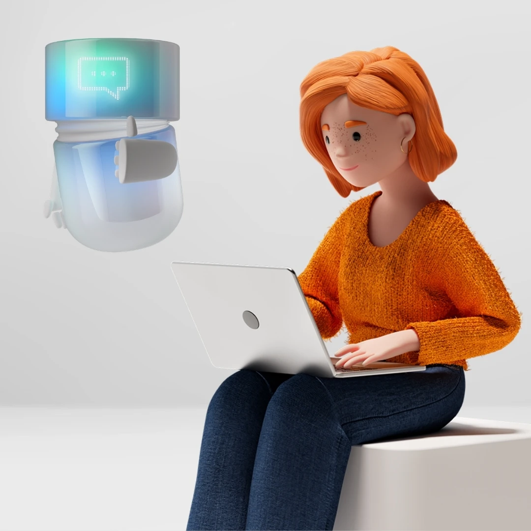 Lena Meier, a loyal customer, chats on a laptop with the BSI Chat Agent, visualized as a blue-green AI Agent with a chat icon. The scene highlights AI-powered chat communication, automated customer interaction, and efficient customer relationship management in the BSI Customer Suite.
