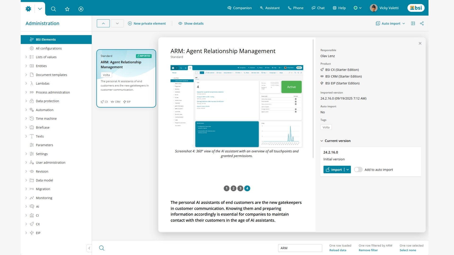 Screenshot of the BSI Elements Store within the BSI Customer Suite, highlighting the “Agent Relationship Management” (ARM) element – overview of configuration, versioning, and import features to manage AI assistants and implement agent relationship management in customer relationship management.