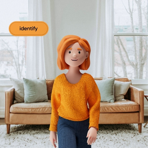Lena Meier, the loyal customer, stands in a stylish living room – highlighting the value «identify» from the BSI Customer Value.