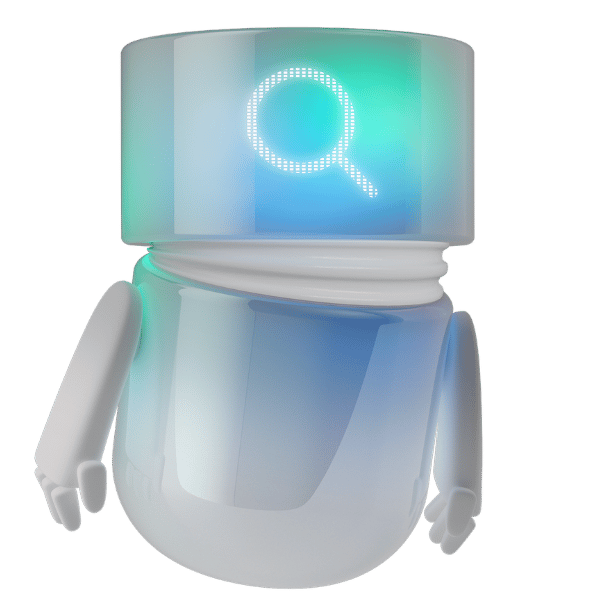 White, blue, and teal 3D BSI Agent with a glowing magnifying glass icon on its transparent display. The digital character represents intelligent search, fast information retrieval, and targeted analysis of customer and business data with BSI.