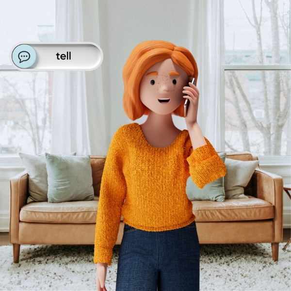 Lena Meier, the loyal customer, is on the phone in a stylish living room – highlighting the value «tell» from the BSI Customer Value.