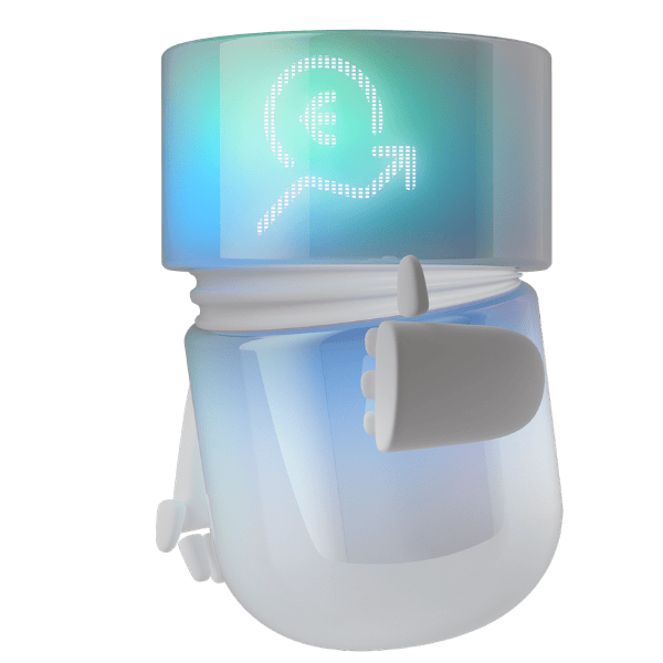 AI Agent “Investment Agent” for the banking focus industry with a glowing euro symbol on its display and a thumbs-up gesture.