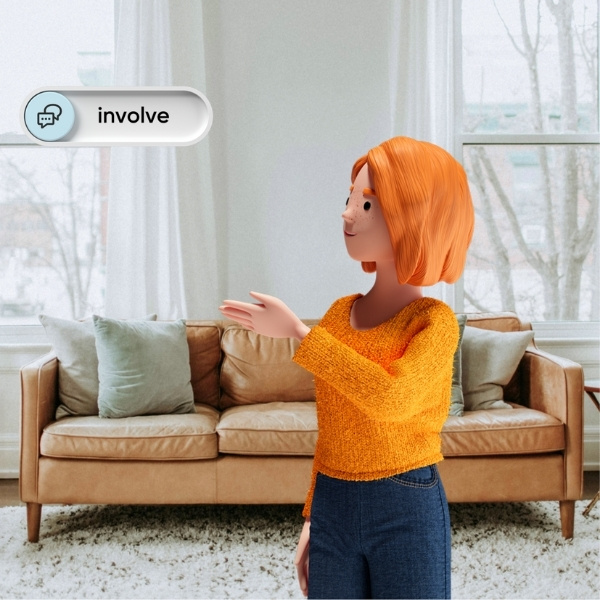 Lena Meier, the loyal customer, gestures invitingly in a living room – highlighting the value «involve» from the BSI Customer Value.