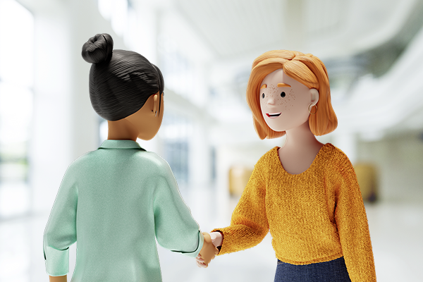 Lena and Vicky shake hands in a modern office environment, symbolizing trust and a successful customer relationship.