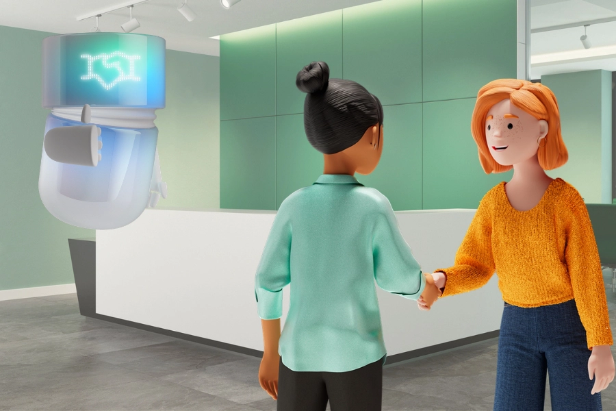 Vicky Valetti, sales manager and customer advisor, personally welcomes Lena Meier, a loyal customer, in a modern bank branch after the BSI Sales Agent established the connection between them upon request.