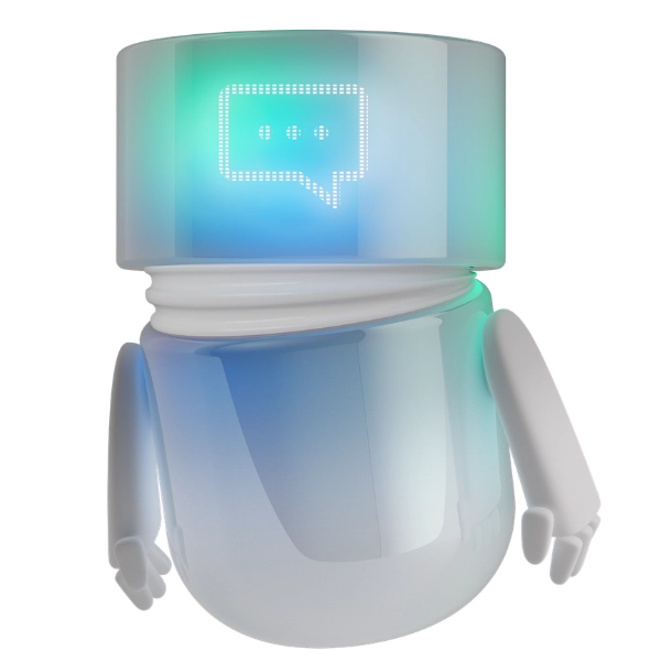3D illustration of the BSI Chat Agent in blue-green tones with a glowing chat icon on its display. The virtual assistant represents conversational AI, automated communication, and personalized digital interaction in customer relationship management within the BSI Customer Suite.