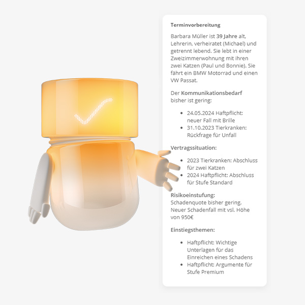 BSI Companion supporta la preparazione degli appuntamenti nelle vendite - riepilogo strutturato del cliente con dati contrattuali, classificazione del rischio e argomenti iniziali per la consultazione.