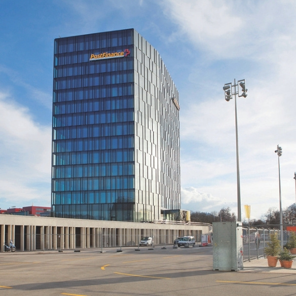 Headquarters of PostFinance in Switzerland - modern office building of a leading financial services provider and BSI Software customer in the field of customer experience.