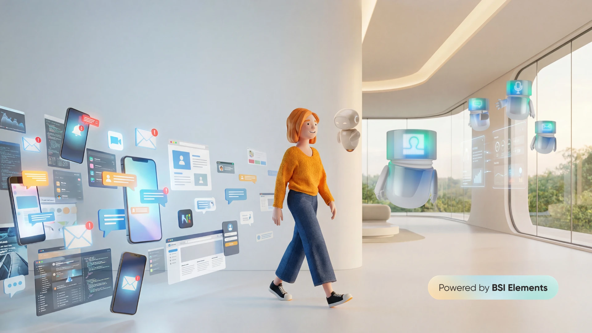 Lena Meier, a loyal customer, walks through a bright space while being accompanied by a small floating AI assistant. Around her, digital user interfaces, chat messages, and app views are arranged, showing different touchpoints and interactions in customer relationship management