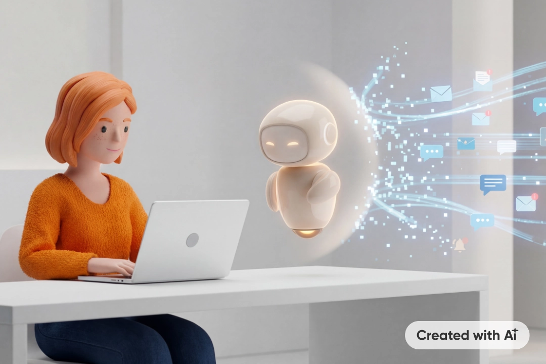 Lena Meier, a loyal customer, sits at a table working on a laptop. Next to her floats a small AI assistant as a 3D character with a smooth, light surface and minimal face. In the background, symbols for email, chat, and digital notifications are visible, which the AI assistant keeps away from Lena with a glowing shield. Created with AI