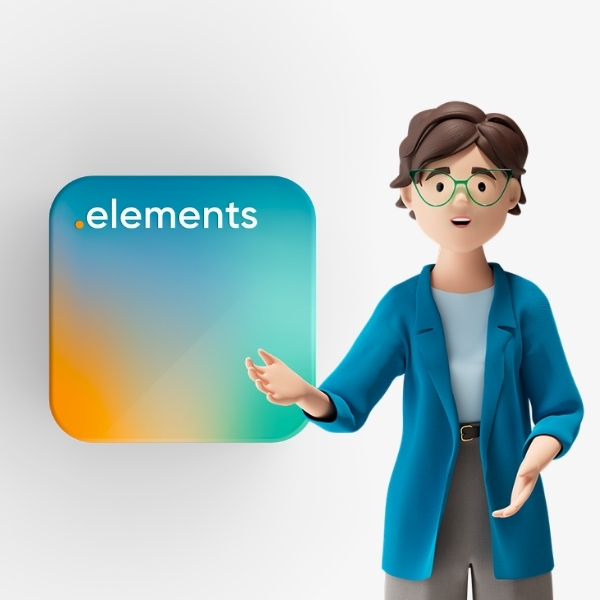 3D scene with Andrea Adams, Business Analyst and enthusiastic user of BSI Elements. Next to her appears the graphical representation of BSI Elements as a colorful tile.