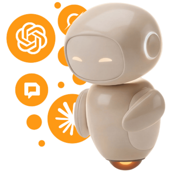 Clara, a personal AI assistant, is depicted as a simple 3D character. Icons of different AI assistant providers are arranged around her. The figure has a smooth, light surface, a minimal face, and a compact, rounded shape, symbolizing digital assistance.