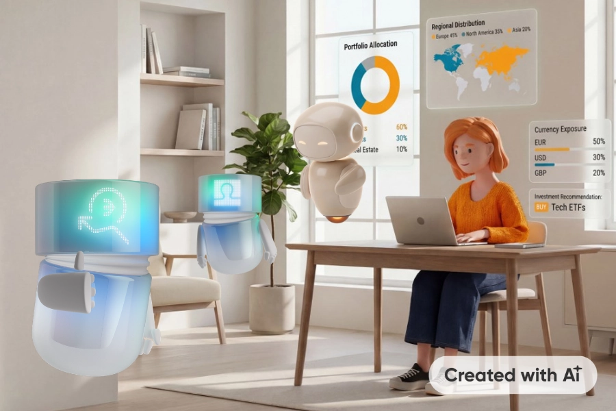Lena Meier, a loyal customer, works on her laptop in a bright home office while her AI assistant Clara floats beside her, connected via the BSI Agent to her bank’s investment agent to retrieve up-to-date portfolio data, analytics, and recommendations for informed decisions. Created with AI