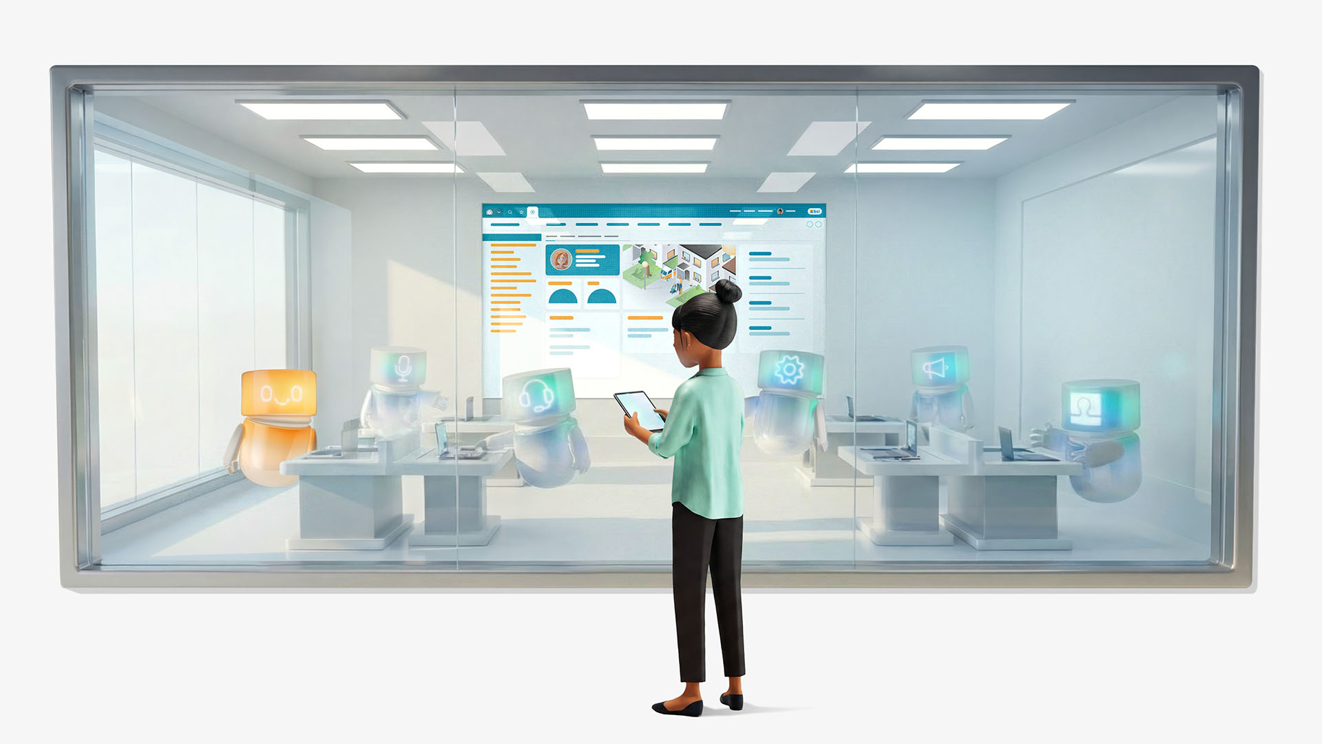 Vicky Valetti, Sales Manager and Customer Advisor, stands in front of a glass wall screen displaying the BSI Customer Suite, analyzing the generative 360° view of a customer. Supported by AI agents, she manages touchpoints and processes for efficient customer relationship management in a modern digital workspace.