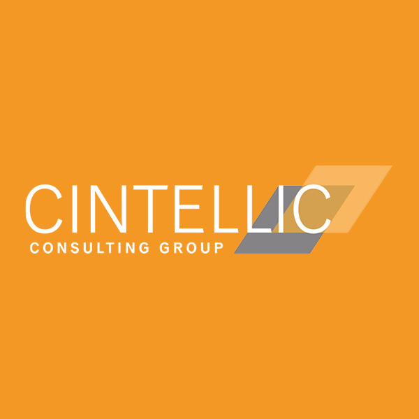 Logo vom BSI Partner CINTELLIC Consulting auf orangem Hintergrund.