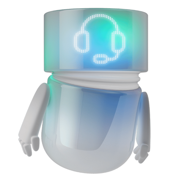 White, blue, and teal 3D BSI Service Agent with a glowing headset icon on its transparent display. The friendly digital character represents automated customer service, support, and personalized customer care with BSI.
