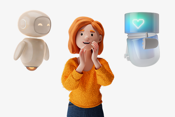 Lena Meier, a loyal customer, stands at the center and appears surprised and delighted. She has short red hair, freckles, and wears an orange sweater and jeans. On the left floats her personal AI assistant, on the right an AI agent from BSI Software, both shown as 3D characters with minimal faces.
