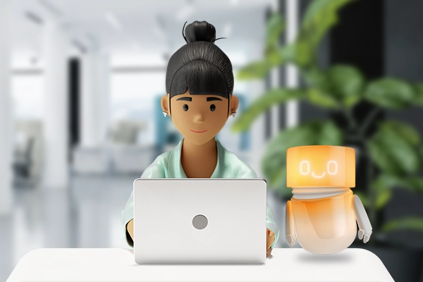 Vicky works on her laptop in a modern office, next to her stands the Companion – symbolizing smart support in daily work.