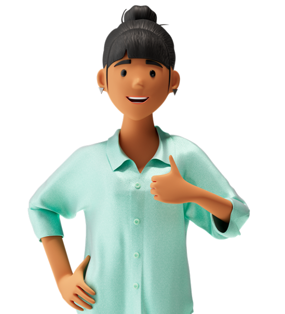 Vicky Valetti, customer advisor, gives a thumbs-up - likeable 3D figure and symbol for successful customer care and positive service experience.