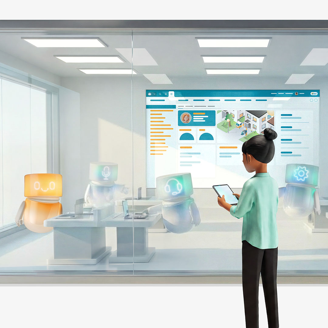 Vicky Valetti, Sales Manager and Customer Advisor, stands in front of a glass wall screen displaying the BSI Customer Suite, analyzing the generative 360° view of a customer. Supported by AI agents, she manages touchpoints and processes for efficient customer relationship management in a modern digital workspace.