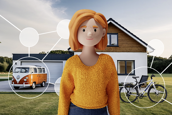 Lena stands in front of a house with a garden, while white lines and circles highlight various elements such as a car and a motorcycle – symbolizing connected areas of life.