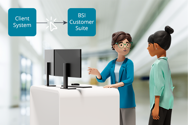 Andrea und Vicky stehen vor einem Computer und besprechen den Datenaustausch zwischen dem Client System und der BSI Customer Suite, dargestellt durch ein Pfeilsymbol.