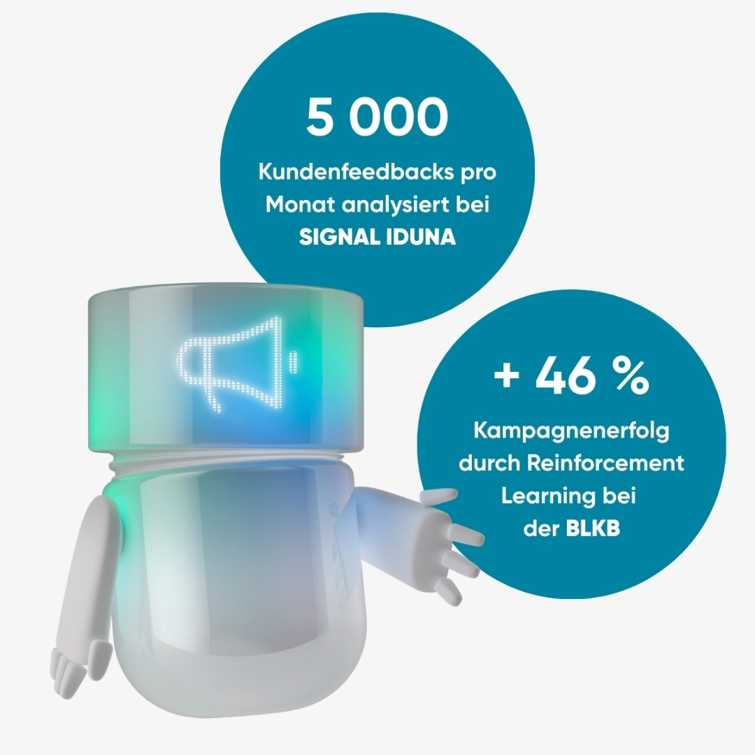 Der blaugrün leuchtende BSI Marketing Agent steht neben zwei Erfolgskennzahlen: 5 000 analysierte Kundenfeedbacks pro Monat bei SIGNAL IDUNA und 46 % mehr Kampagnenerfolg durch Reinforcement Learning bei der BLKB. Die Illustration zeigt AI-gestützte Marketing Automation und datenbasierte Kampagnenoptimierung.
