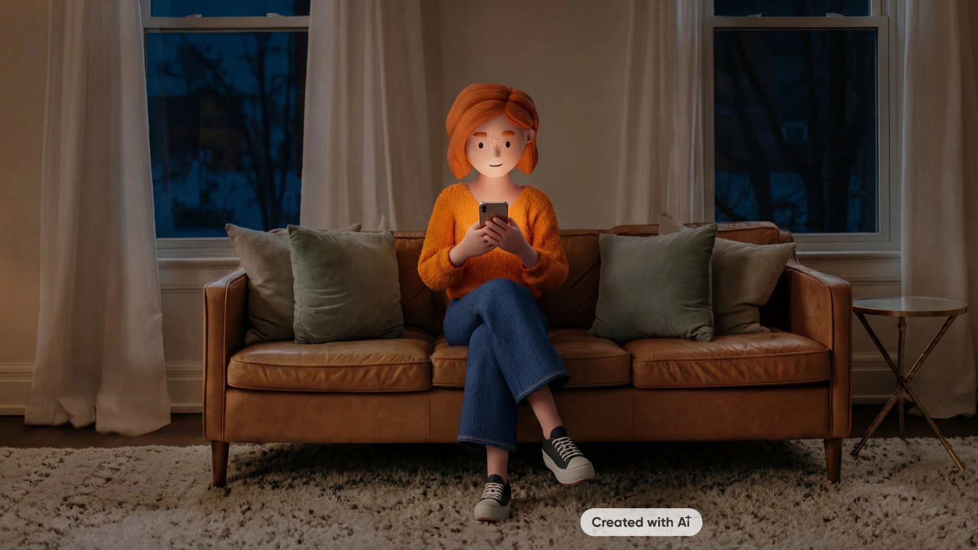 Lena Meier, a loyal customer, sits relaxed on a sofa in her living room at night, using her smartphone. She has short red hair, a friendly face with freckles, wears an orange sweater, jeans, and sneakers, and appears calm and focused. Created with AI
