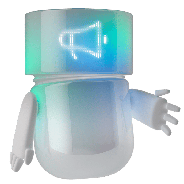 White, blue, and teal 3D BSI Marketing Agent with a glowing megaphone icon on its transparent display and an inviting outstretched hand. The digital character represents automated marketing campaigns, personalized customer communication, and omnichannel marketing with BSI.