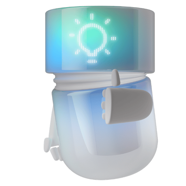 White, blue, and teal 3D BSI Agent with a glowing light bulb icon on its transparent display and a thumbs-up gesture. The digital character represents intelligent ideas, helpful recommendations, innovation, and successful solutions with BSI.