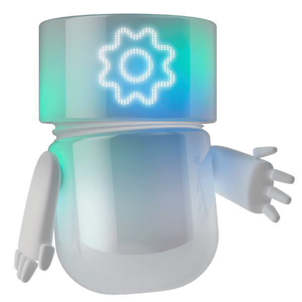 White, blue, and teal 3D BSI Agent with a glowing gear icon on its transparent display and an inviting outstretched hand. The digital character represents intelligent automation, efficient workflows, and the configuration of digital business processes with BSI.