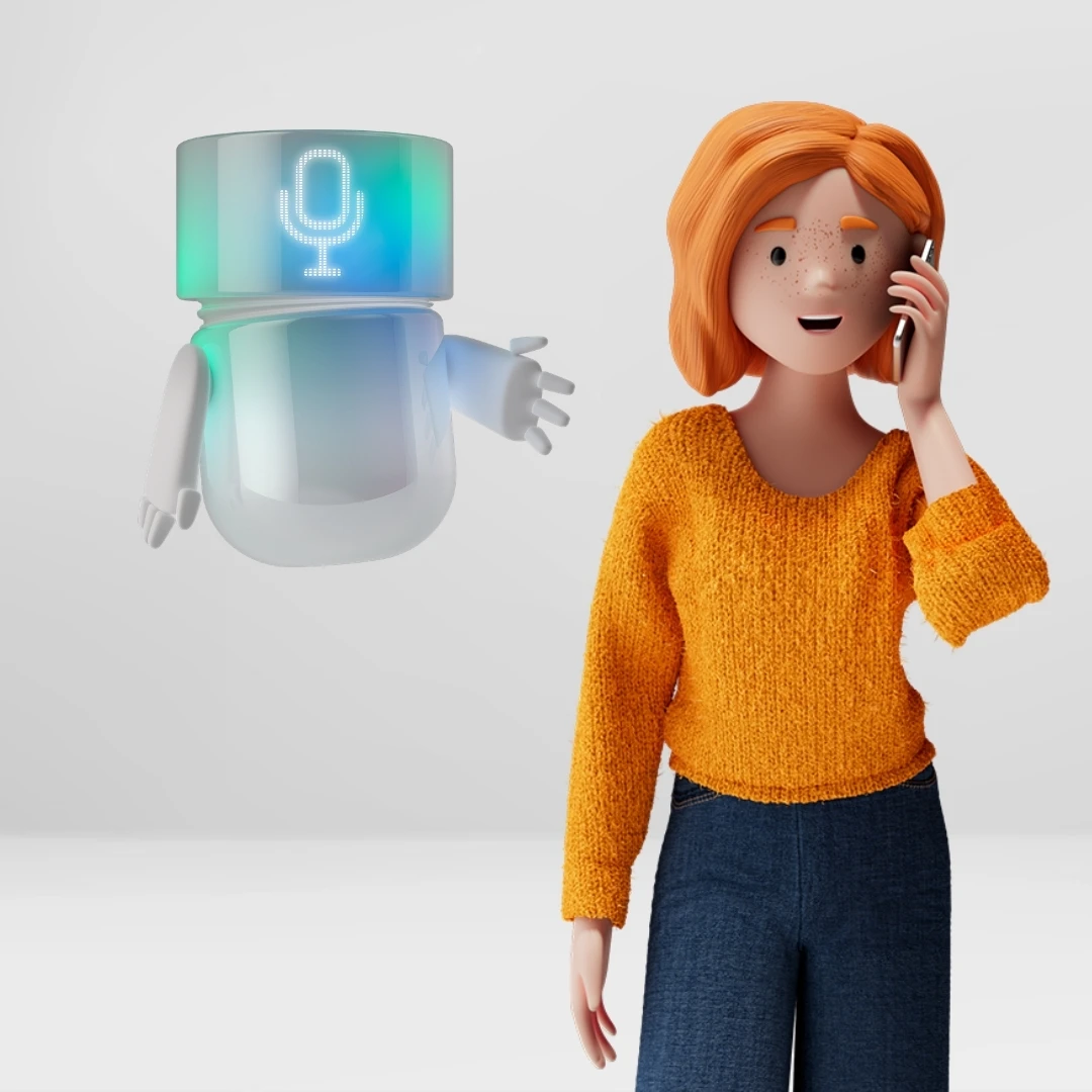 Lena Meier, a loyal customer, is on a call with the BSI Voice Agent, visualized as a blue-green AI Agent with a microphone icon. The scene highlights AI-powered voice interaction, automated customer communication, and efficient customer relationship management in the BSI Customer Suite.