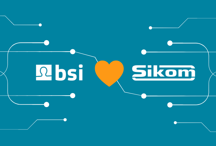 Graphic illustrating BSI’s acquisition of Sikom GmbH: BSI and Sikom logos are connected by a heart symbol, surrounded by stylized digital connections. Represents the integration of customer experience, contact center, and omnichannel communication within a unified customer relationship management platform.